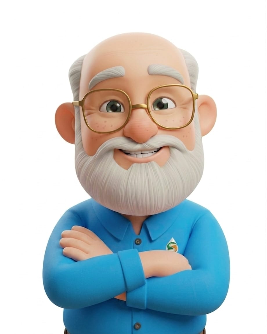 Dr. Arpan — ilustração de personagem de óculos e barba branca, de braços cruzados, com camisa azul
